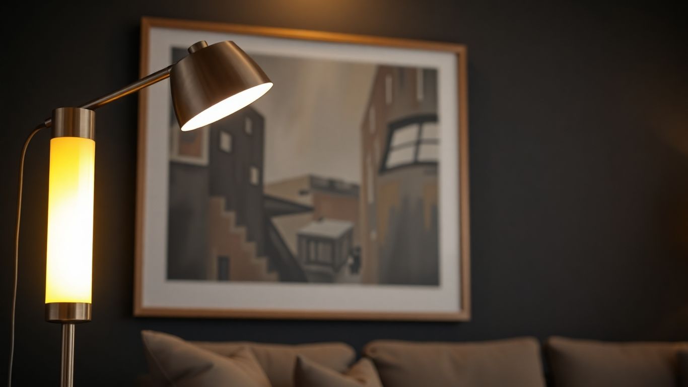 Table lamp illuminating artwork on a wall.
