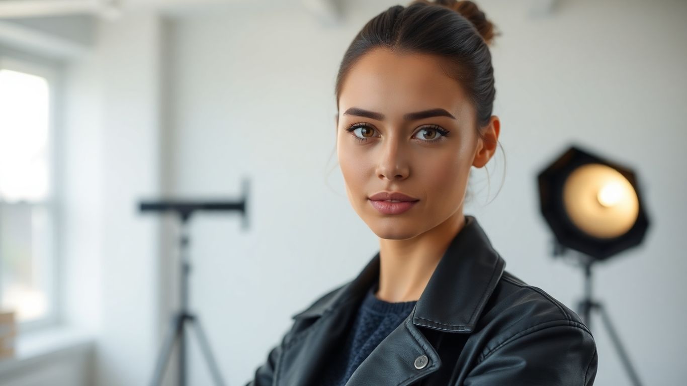 Model looking confidently at the camera in a studio.