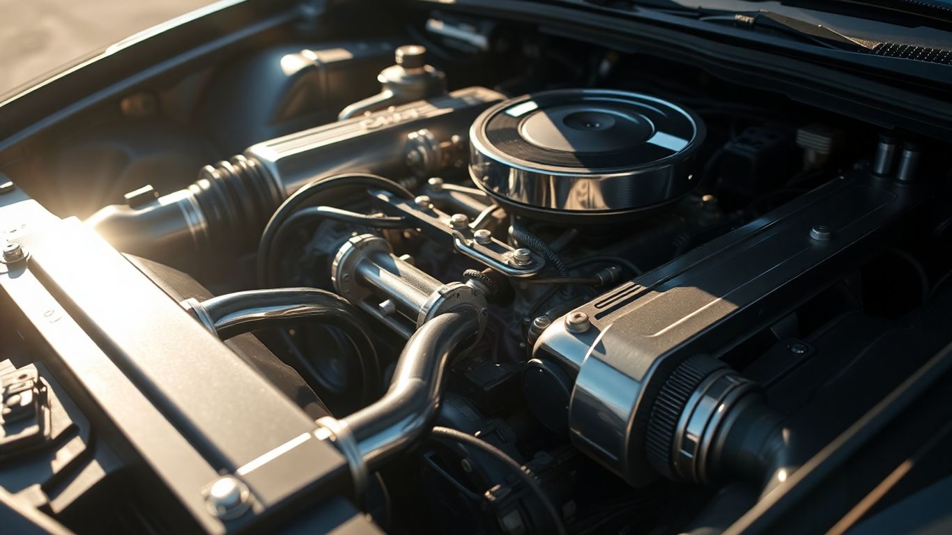 Moteur de voiture détaillé avec composants mécaniques complexes.