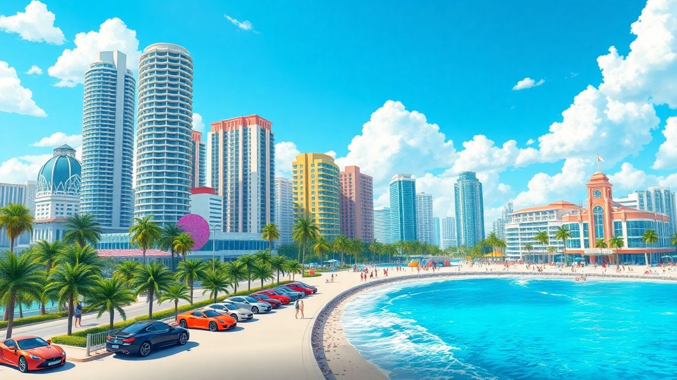 Anime Miami skyline with luxury towers and ocean.