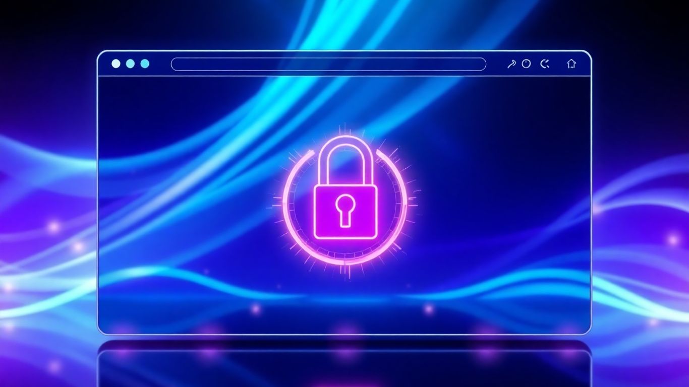 Futuristic browser interface with glowing lock icon.