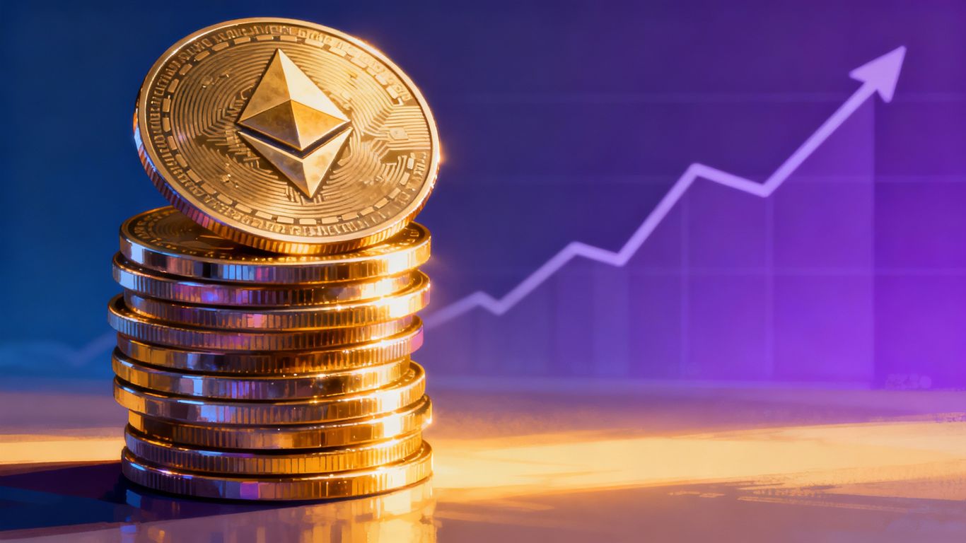 Ethereum coins stacked high with upward trend.