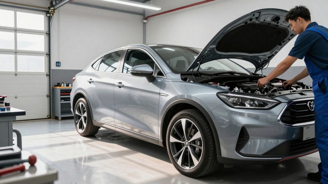 Carro econômico em oficina com ferramentas e mecânico.