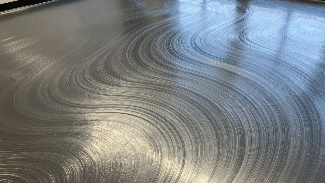 Metallic epoxy floor with silver and blue swirls.