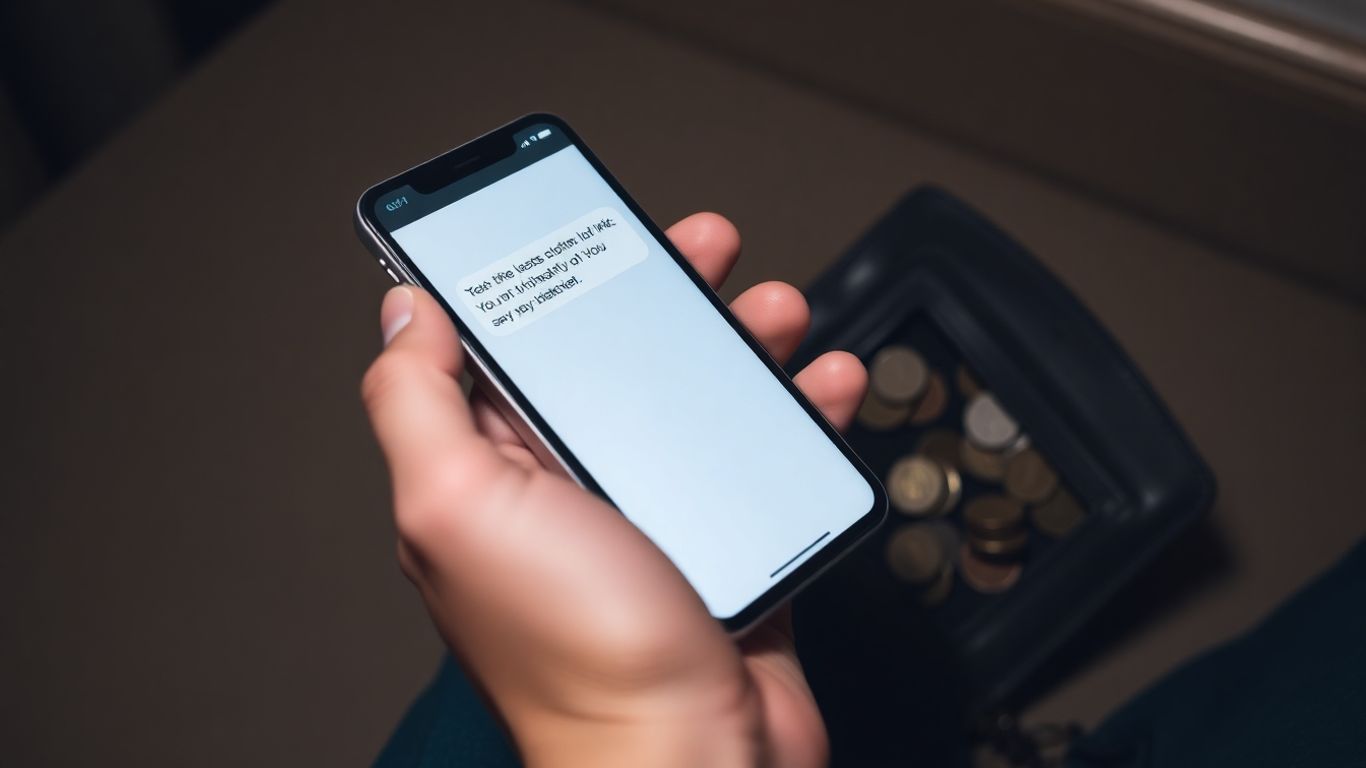 Main qui tient un téléphone avec un SMS d'arnaque.