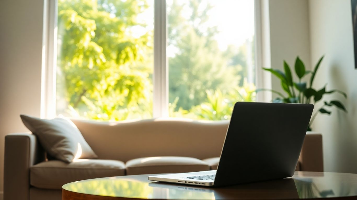 Sala de estar moderna con luz natural y portátil.
