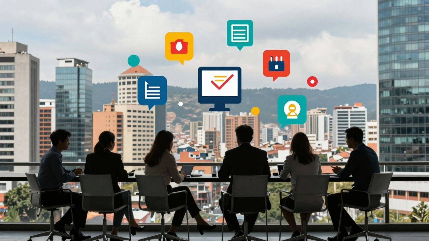 Bogota cityscape with business professionals and digital marketing icons.