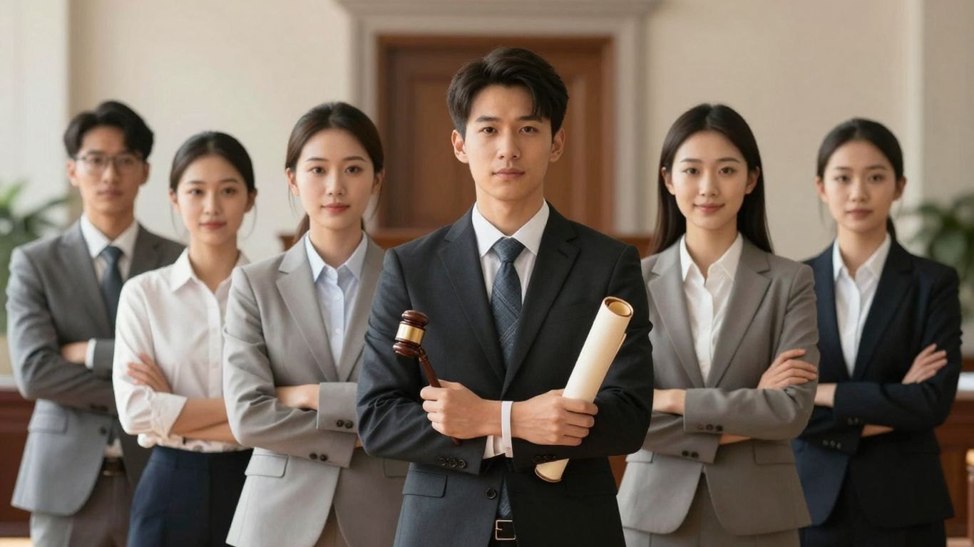 Diverse citizens with legal symbols, courthouse background.