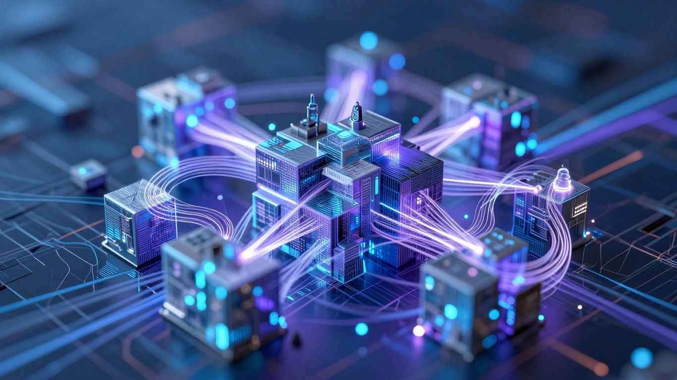 Interconnected glowing digital blocks forming a blockchain network.