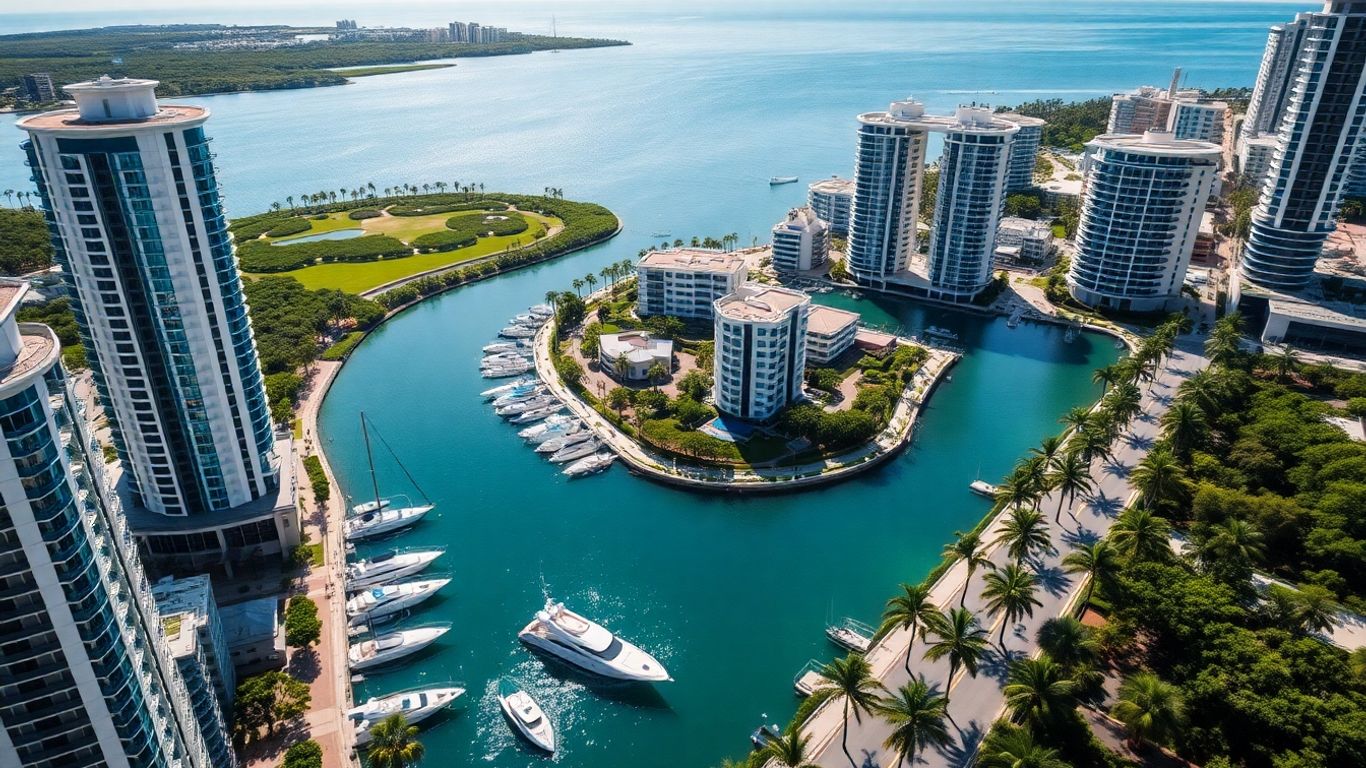 Luxury Aventura Florida skyline with waterfront and parks.