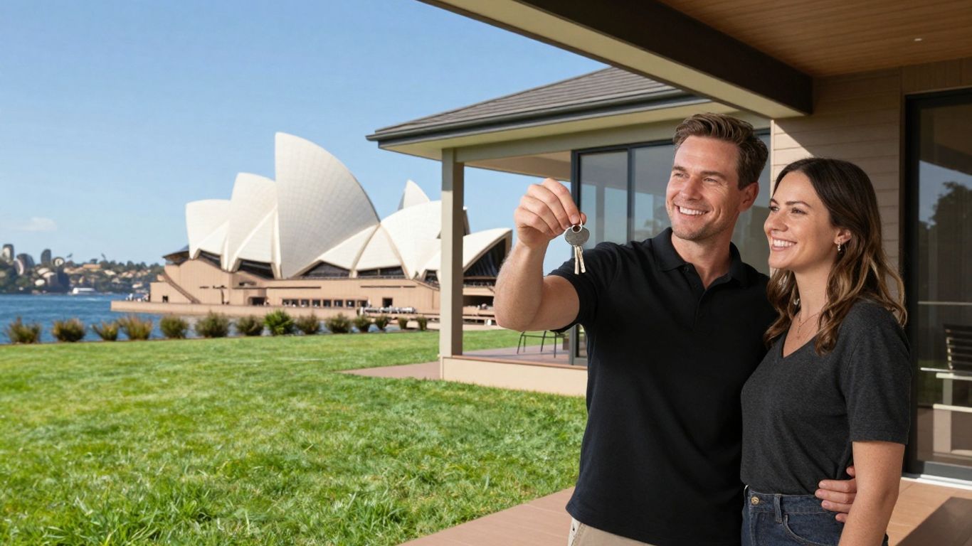 Couple holding keys outside new NSW home