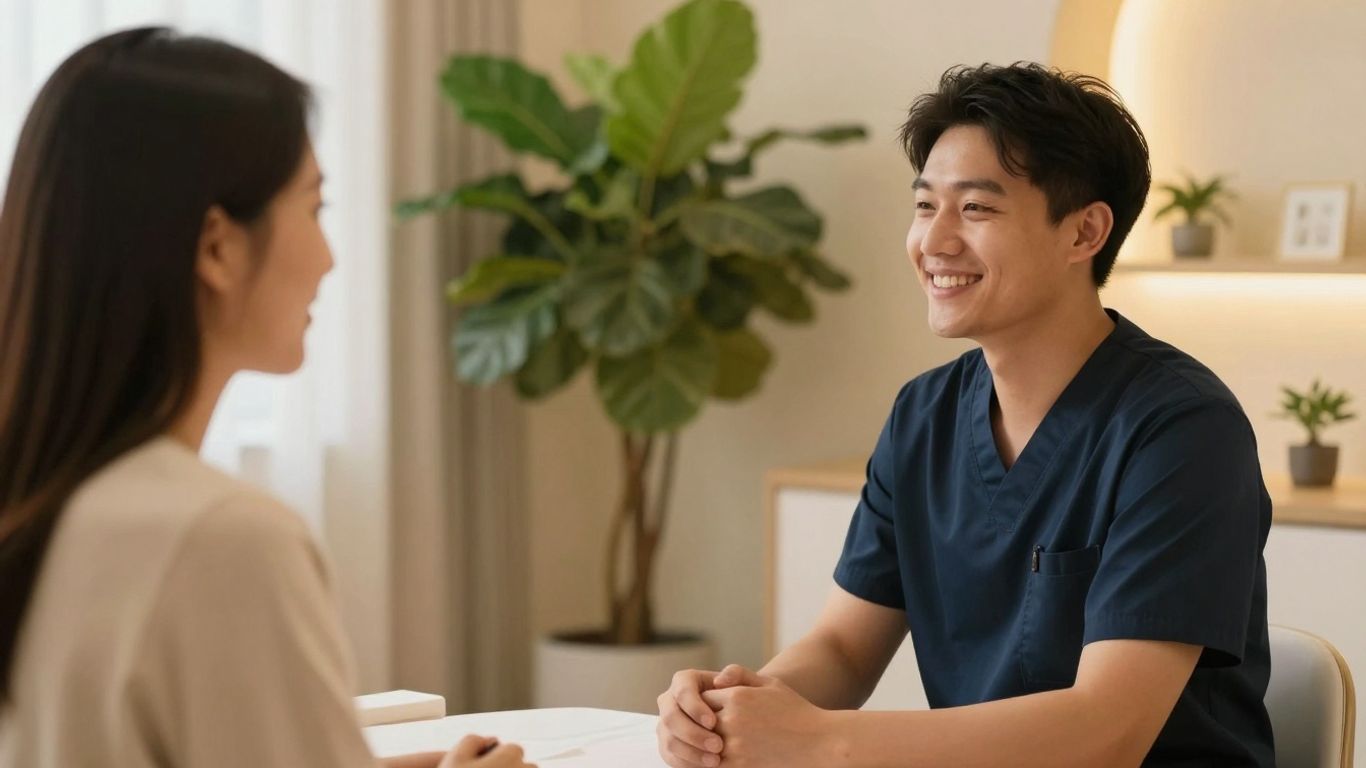 Practitioner and client smiling in a medspa.