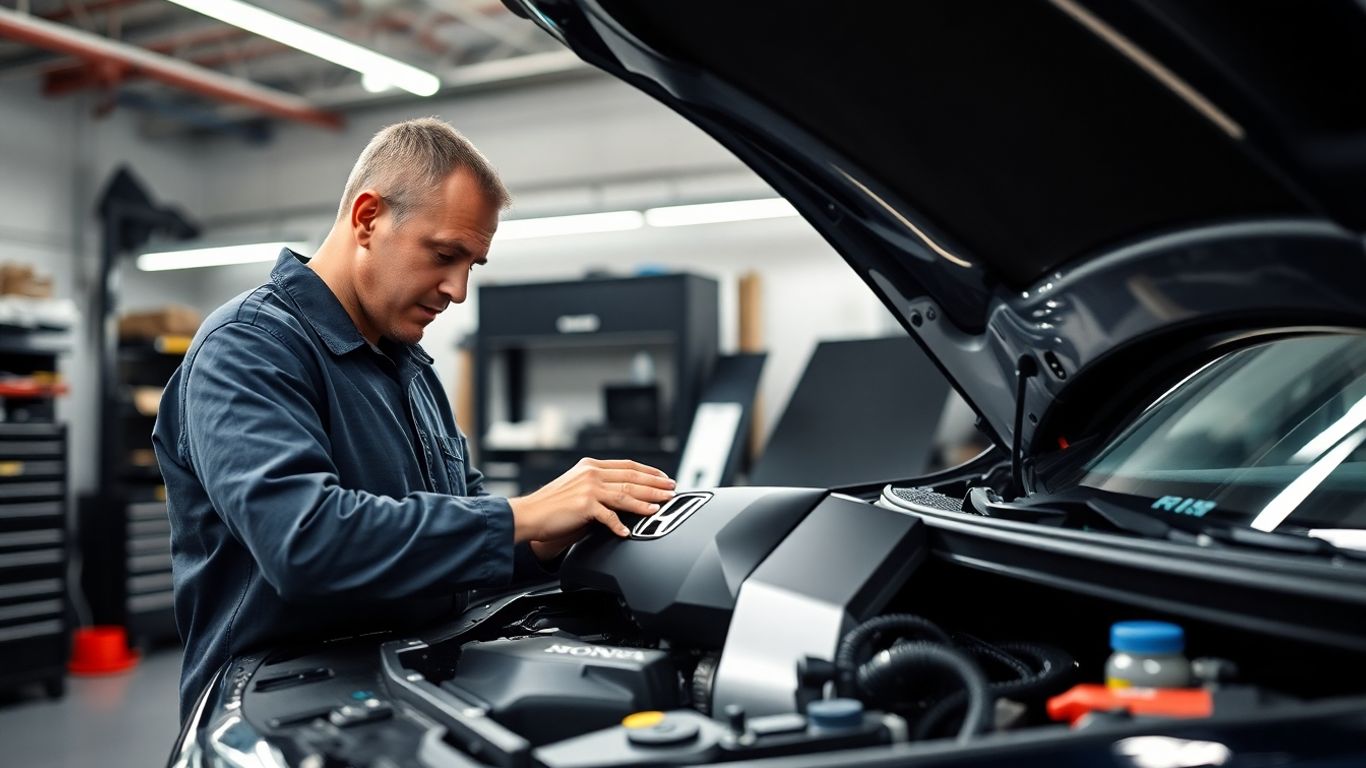 Mechanic inspecting Honda engine in modern Los Angeles workshop