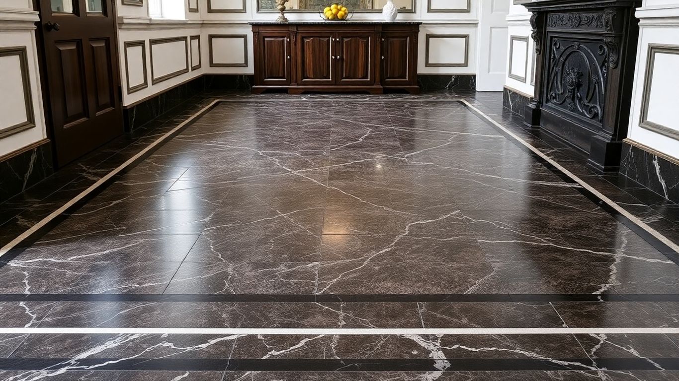 Emperador Dark marble tile floor border detail.