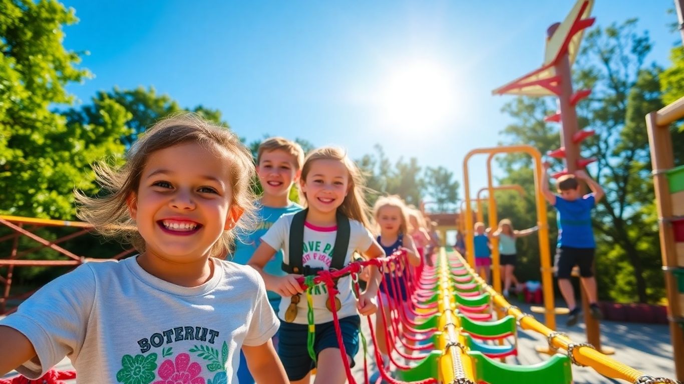 Copii se distrează în parcul de aventură.