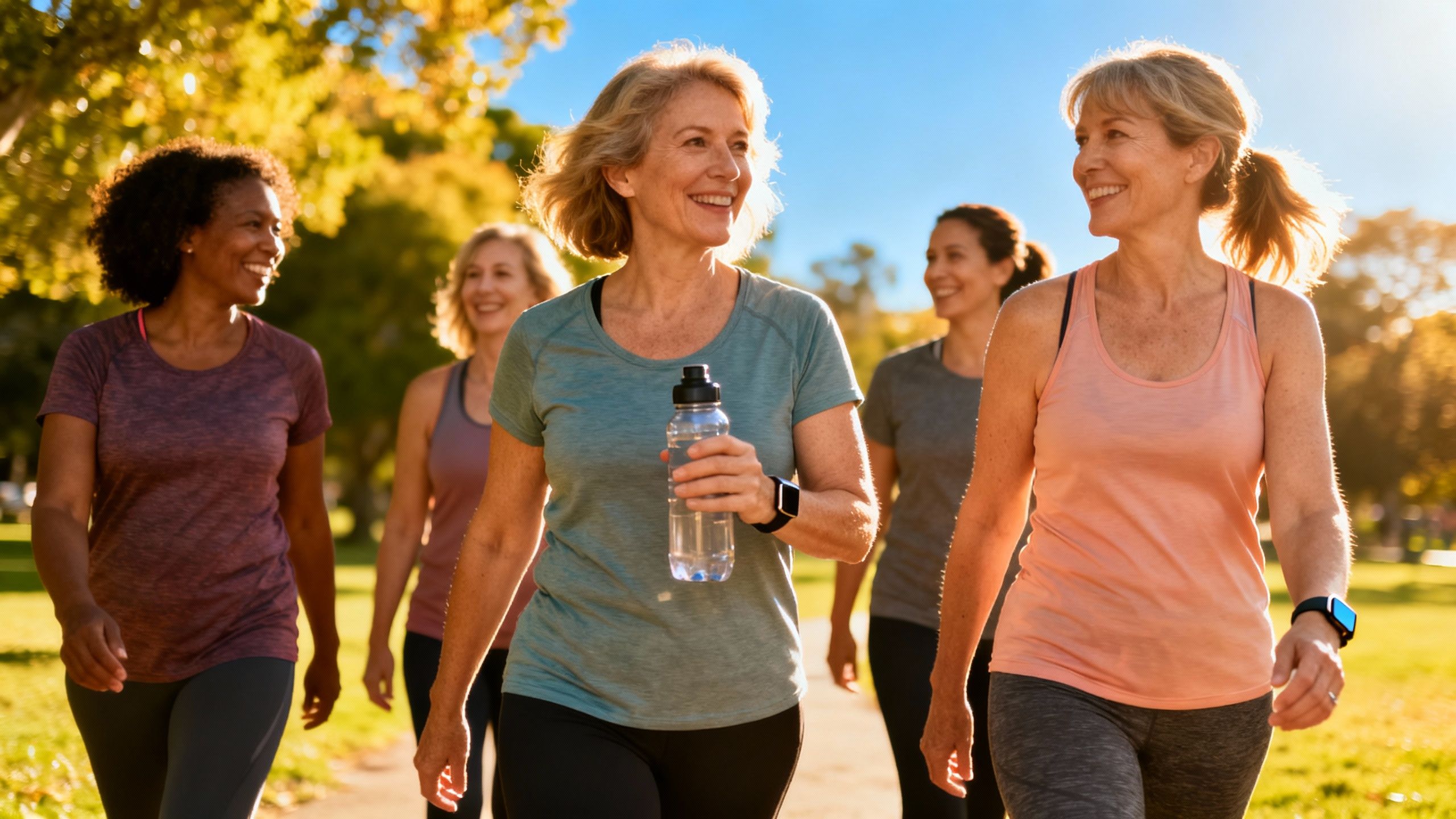 Women over 40 walking together in a sunny park.