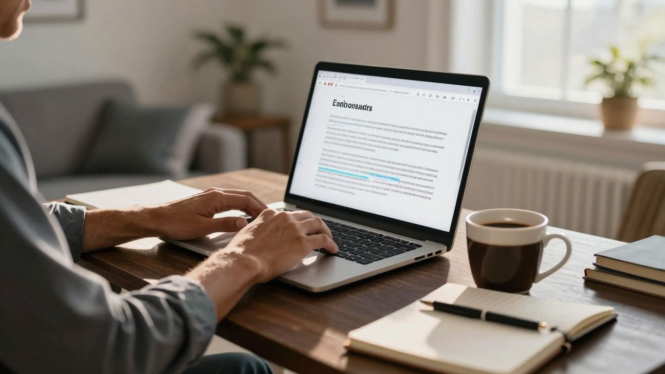 Person working from home on laptop with coffee.