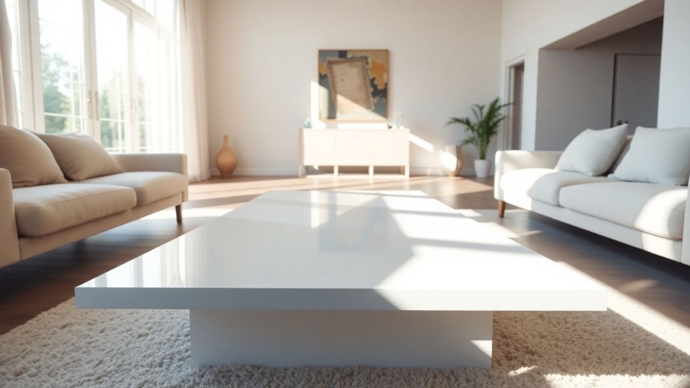 Elegant long white coffee table in a sunlit living room.
