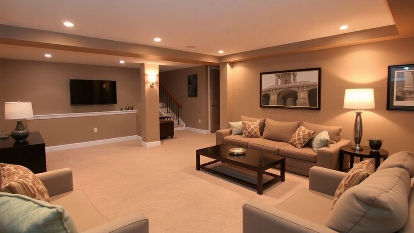 Finished basement living area with modern furniture and warm lighting.