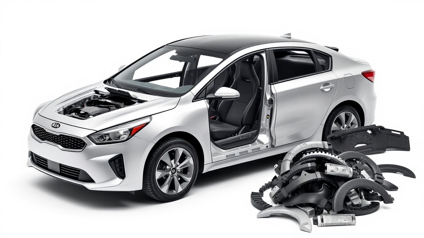 Modern Kia car with internal parts and salvaged parts.