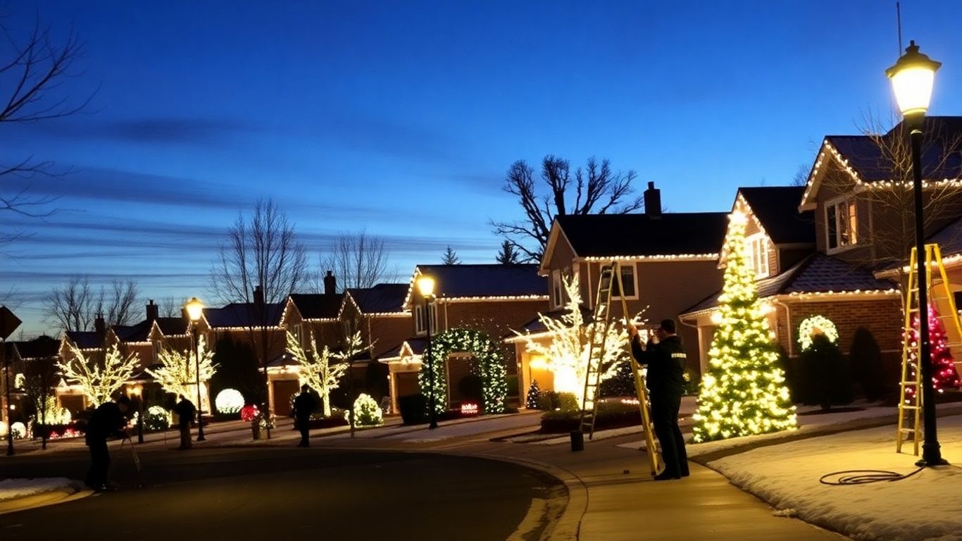 Christmas light installers decorating Sunset Hills homes at dusk
