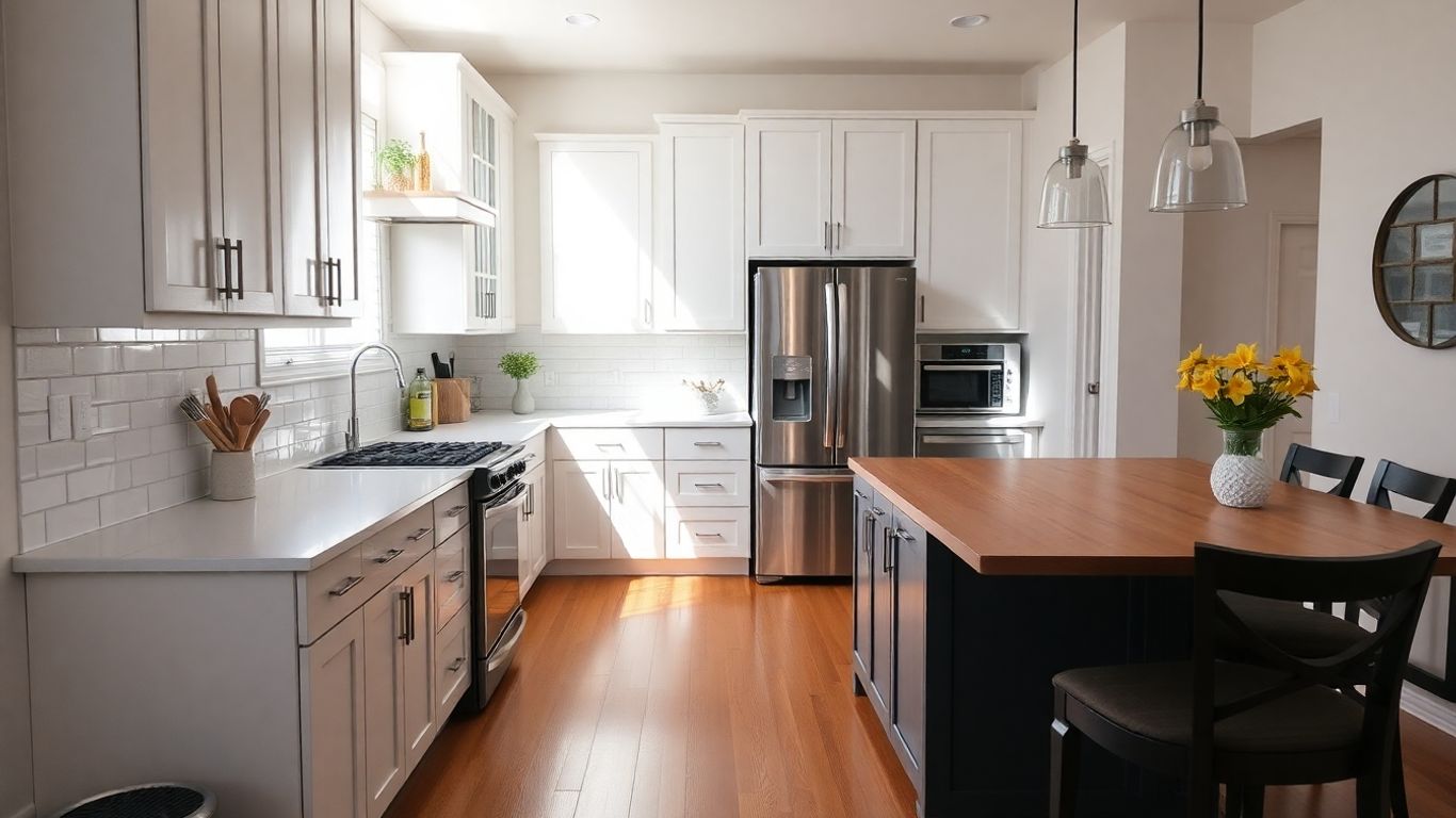 Modern kitchen renovation with island and natural light.