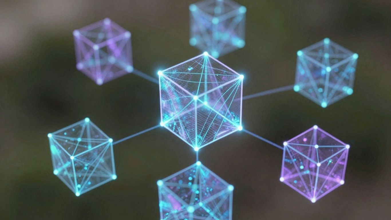 Interconnected digital blocks forming a glowing network.