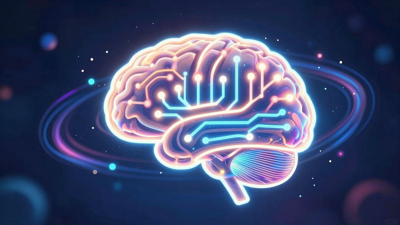 Glowing brain with digital circuits and particles.