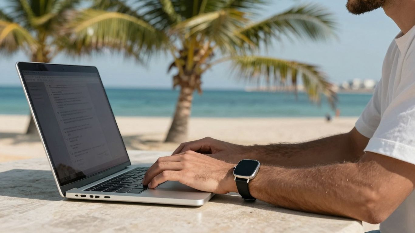 Persoană lucrând pe laptop pe o plajă însorită.