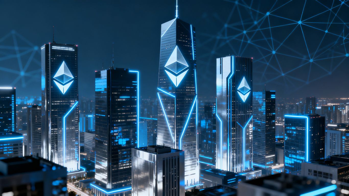 Ethereum network integrated into a futuristic cityscape