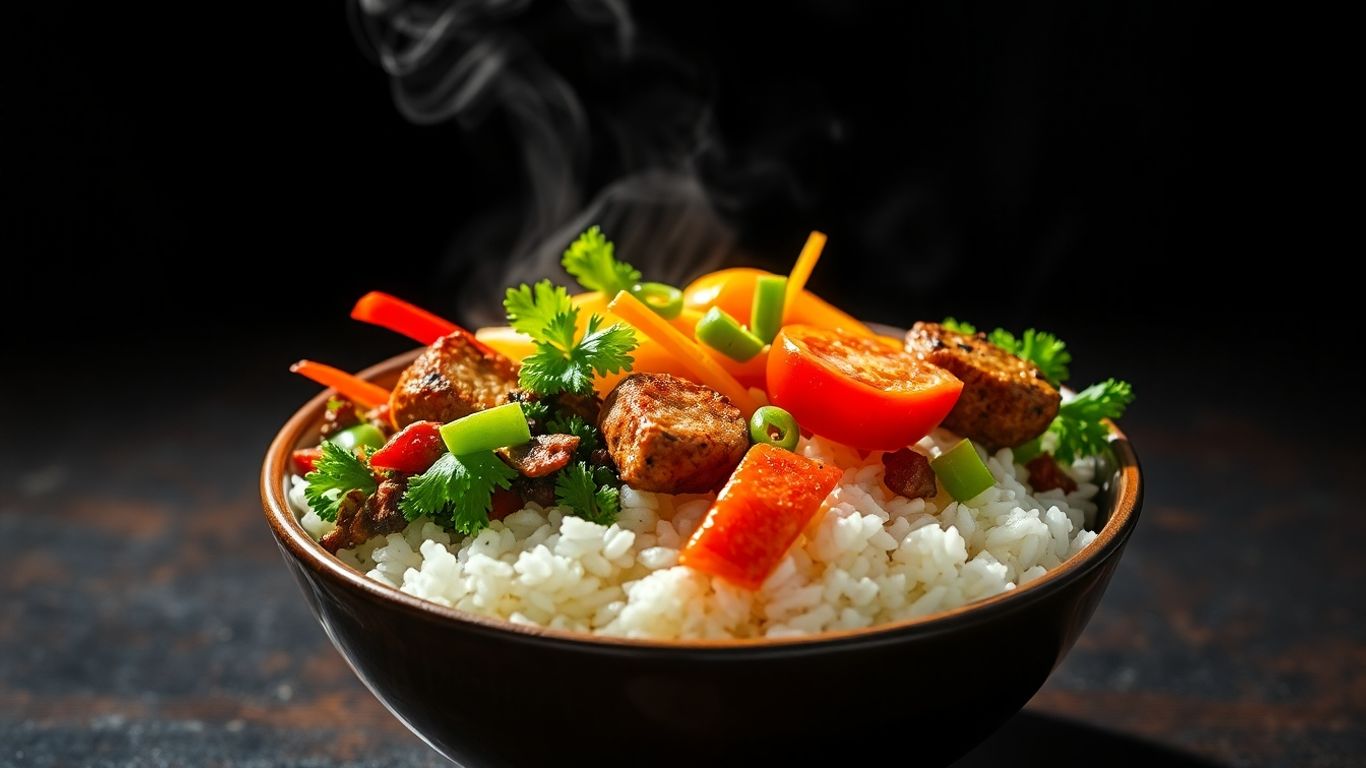 Budget-friendly rice bowl with colorful toppings.