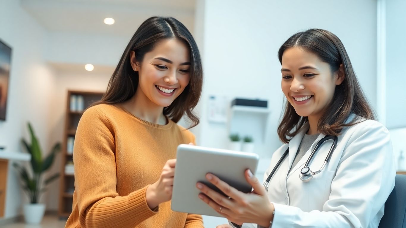 Patient using tablet in modern clinic.