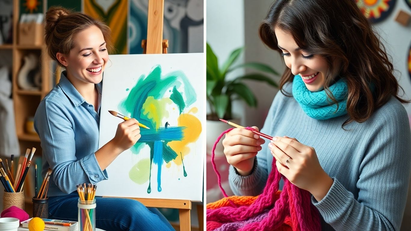 Woman painting and knitting, creative hobby gift ideas.