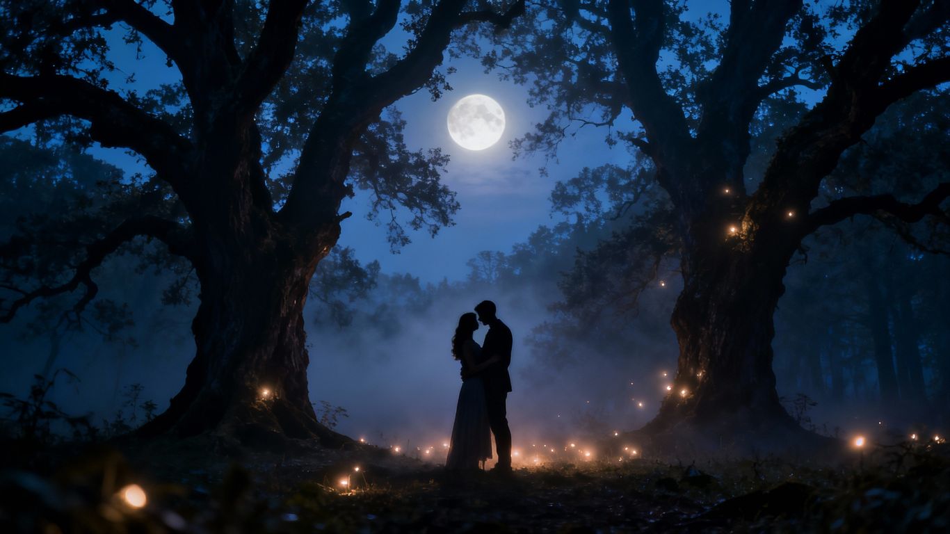 Couple embracing in a mystical forest under a full moon.