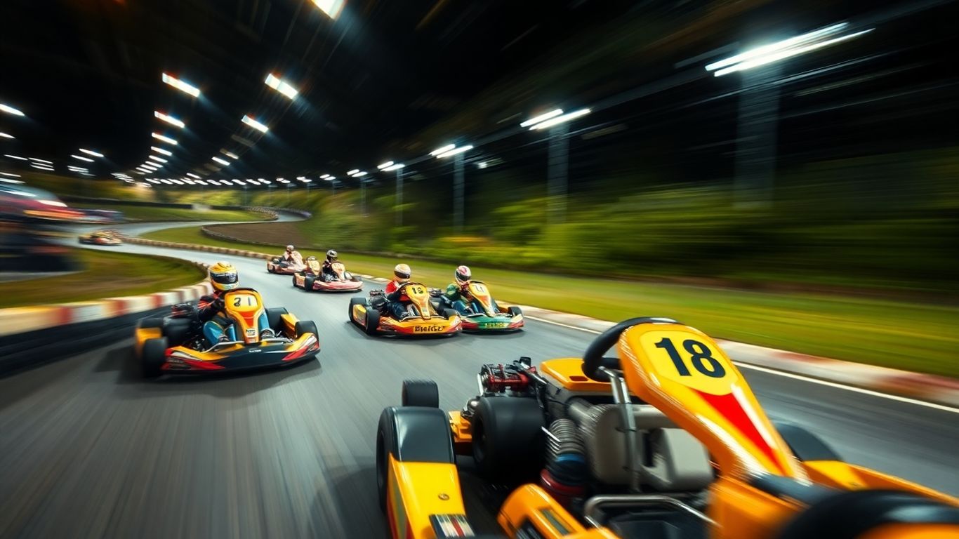Course de karting avec un flou de mouvement et des couleurs vives.