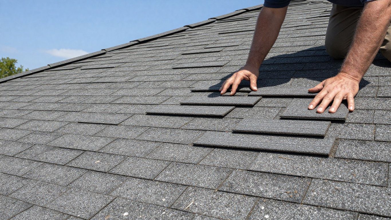 Homeowner inspecting residential roof shingles.