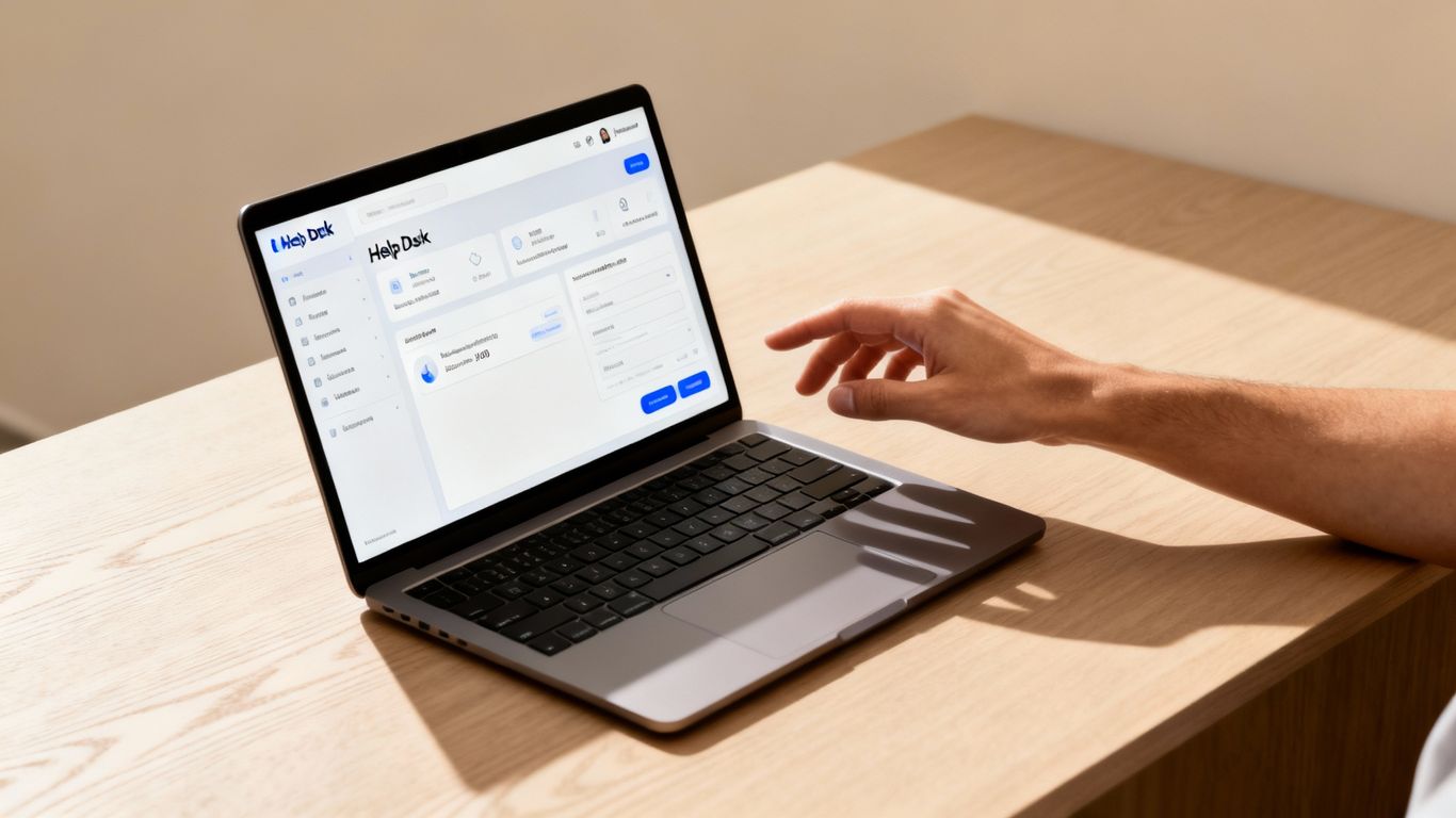 Help desk software interface on a laptop screen.