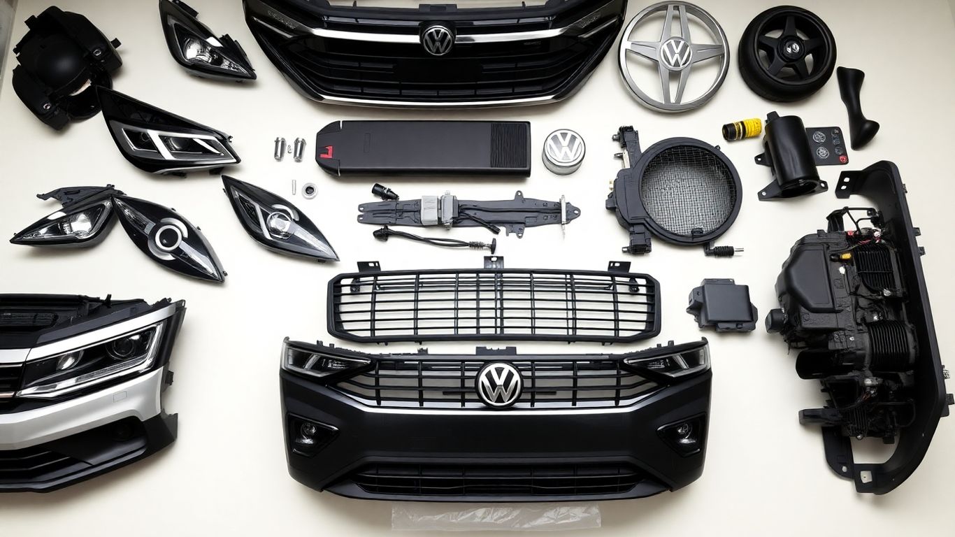 Genuine Volkswagen T-Roc spare parts arranged neatly.