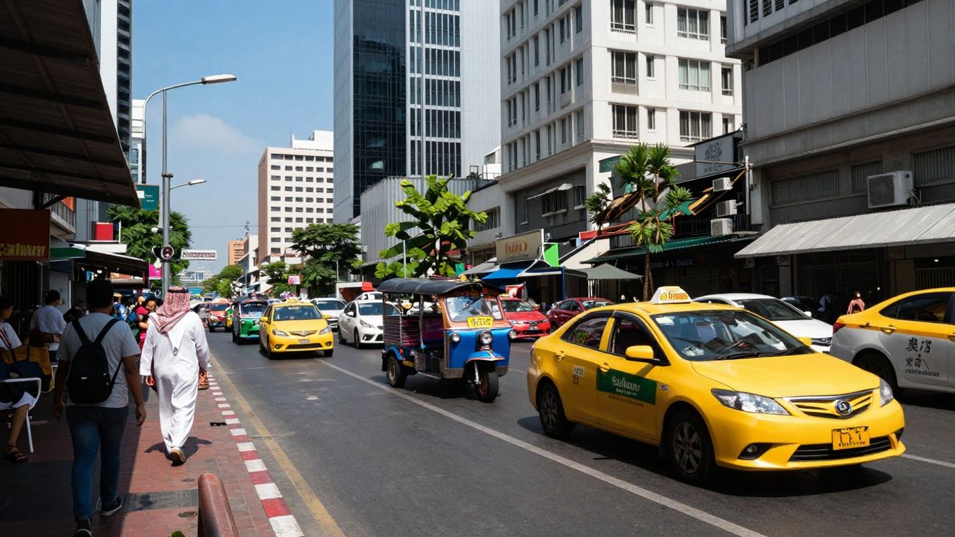 Bangkok street with taxi, tuk-tuk, and buildings.