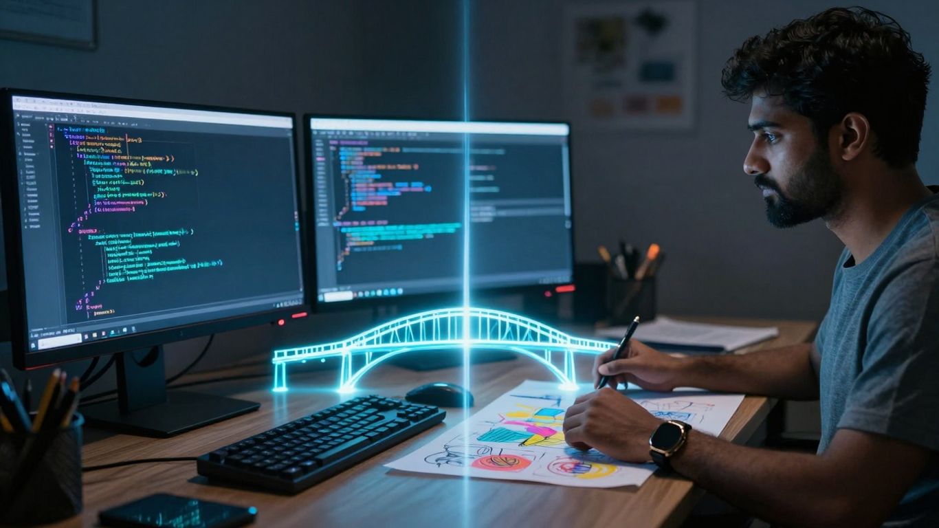 Bridging code and creativity with a glowing connection.
