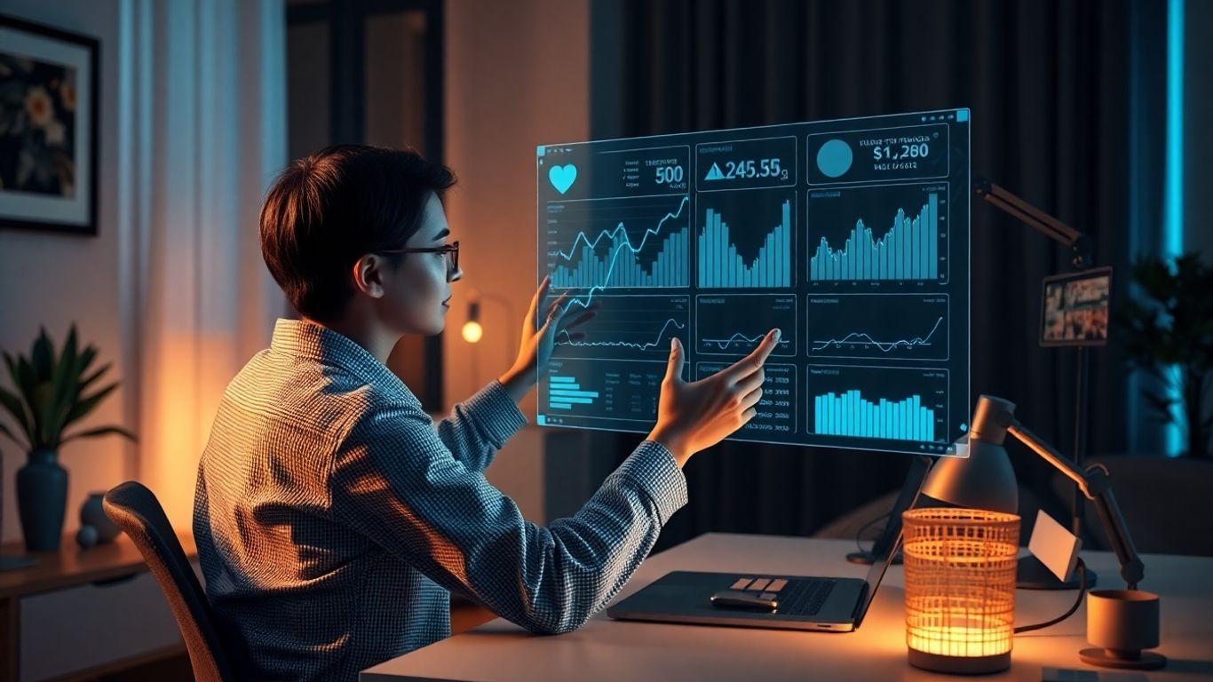 Pessoa usando assistente virtual para finanças em casa.