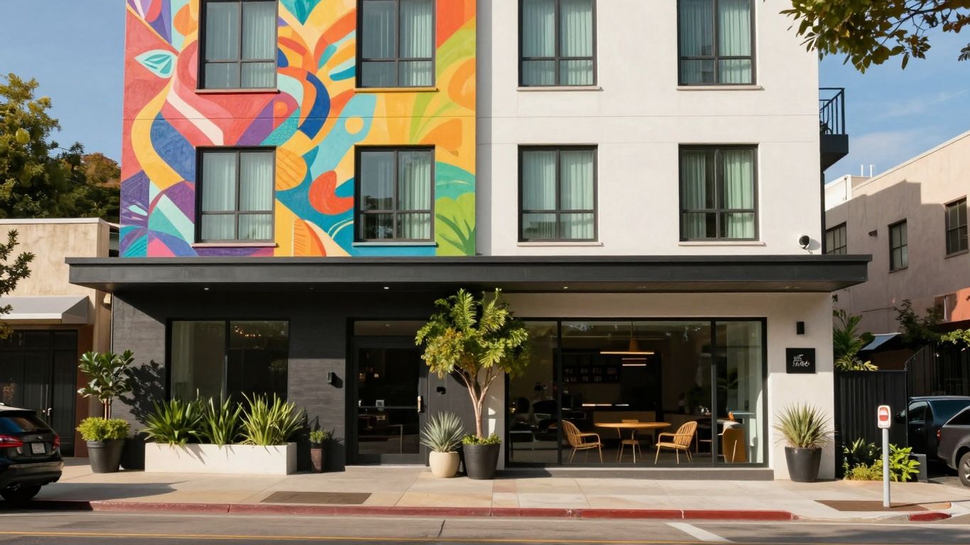 Modern East Austin hotel with colorful murals and greenery.