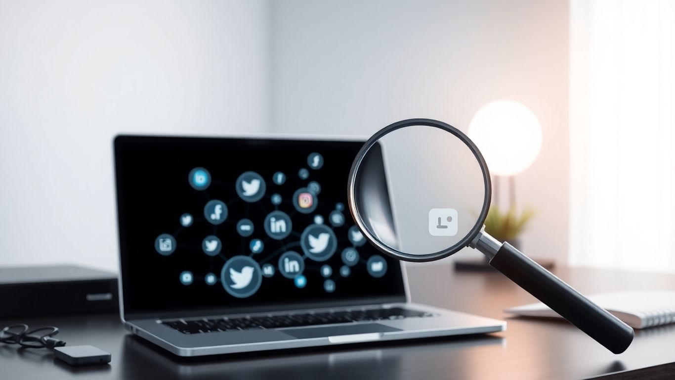 Social media icons and a magnifying glass over digital bubbles.