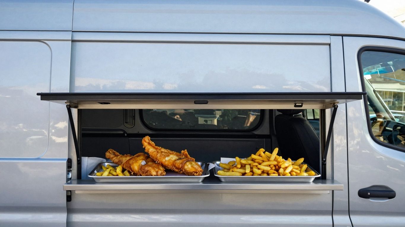 Shiny fish and chip van ready for business.