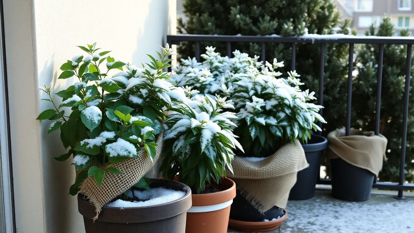 Balkonpflanzen im Winter mit Frostschutz und Schnee