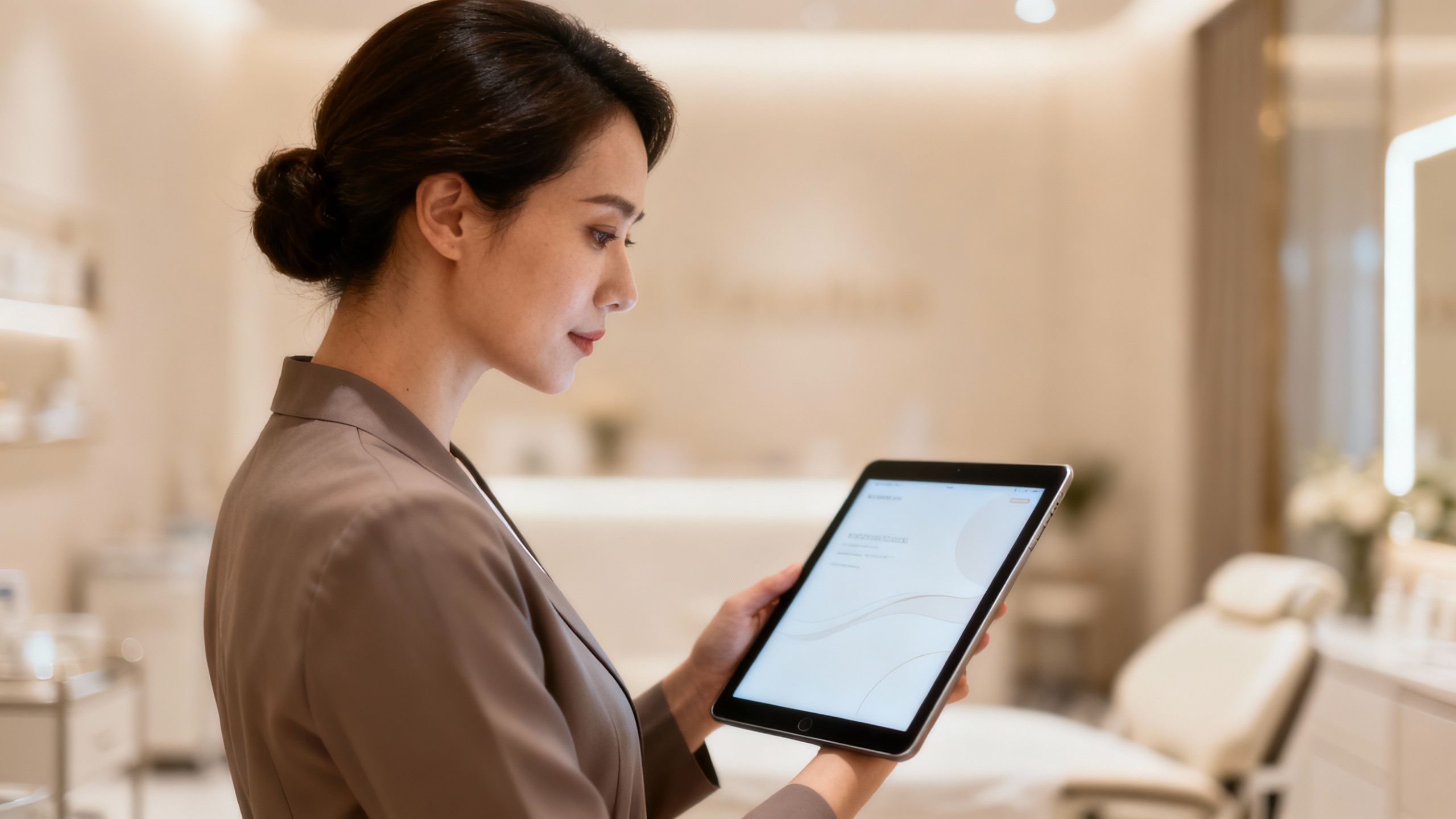 Clinic owner reviewing marketing strategy on a tablet.
