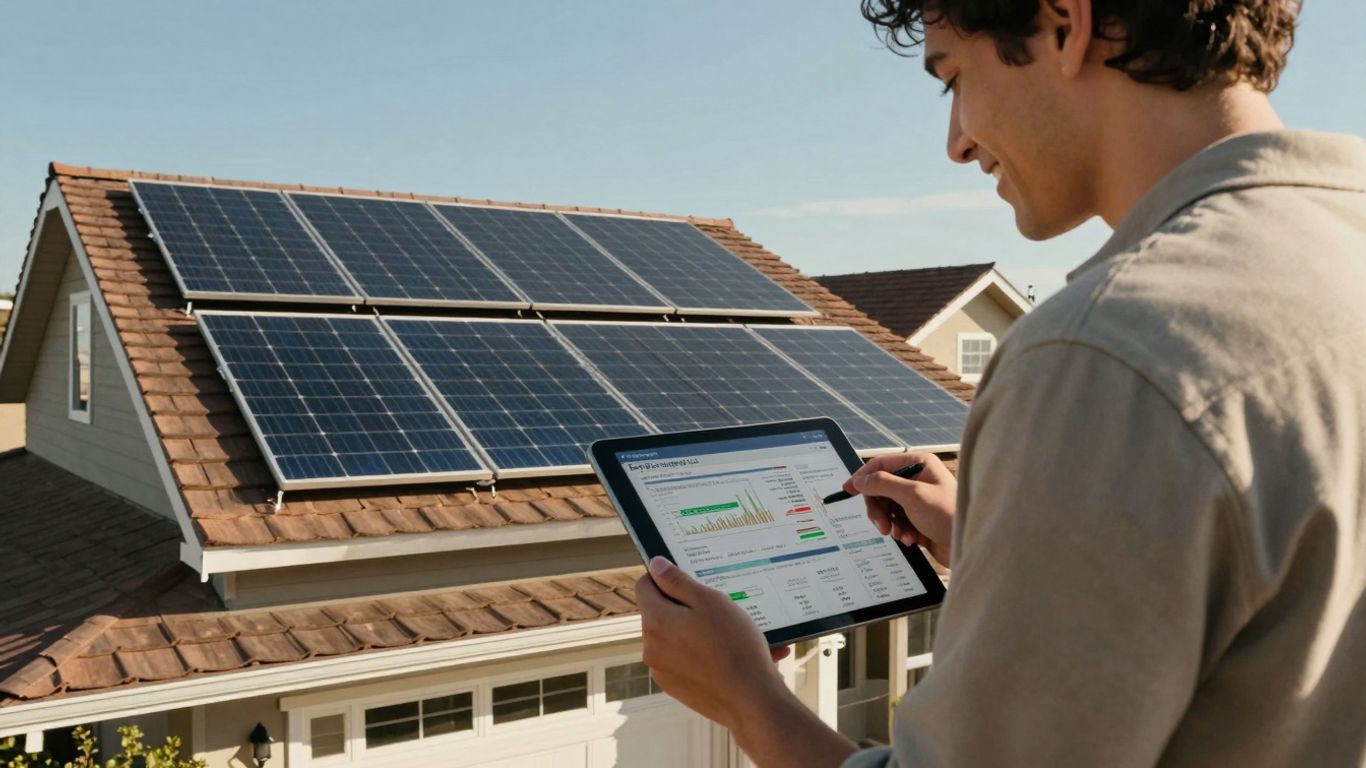 Solar Panels On A House With A Person Holding A Tablet.