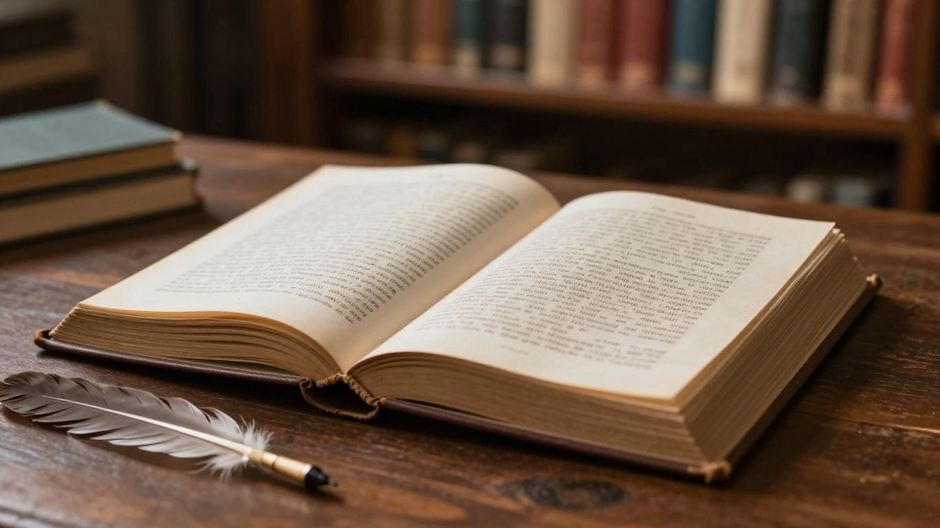 Carte veche deschisă cu pană de scris pe masă.