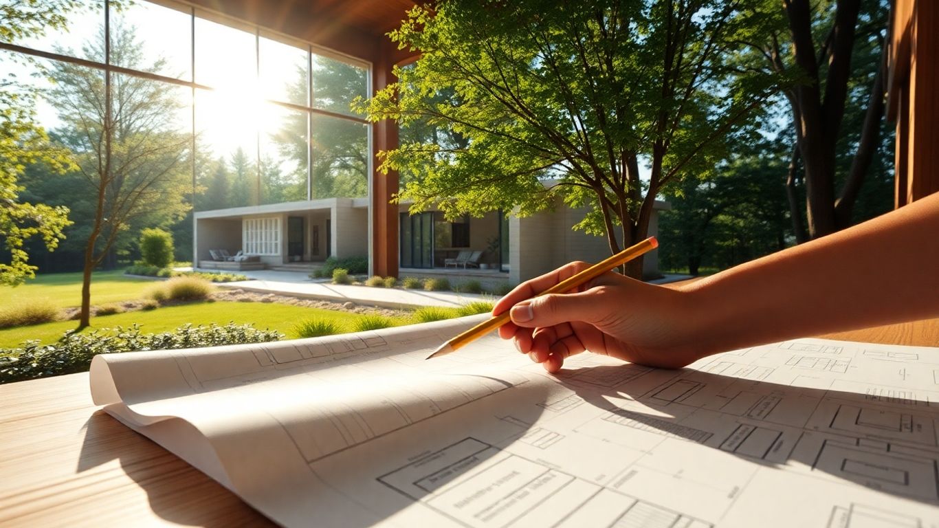 Custom home design plans in a sunny, natural setting.