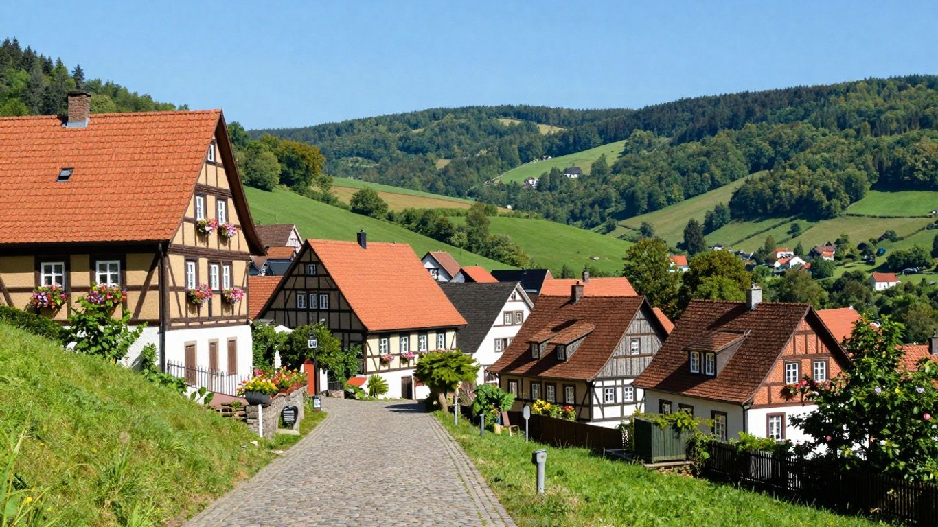Charmantes Dorf im Sauerland mit Fachwerkhäusern und grünen Hügeln.
